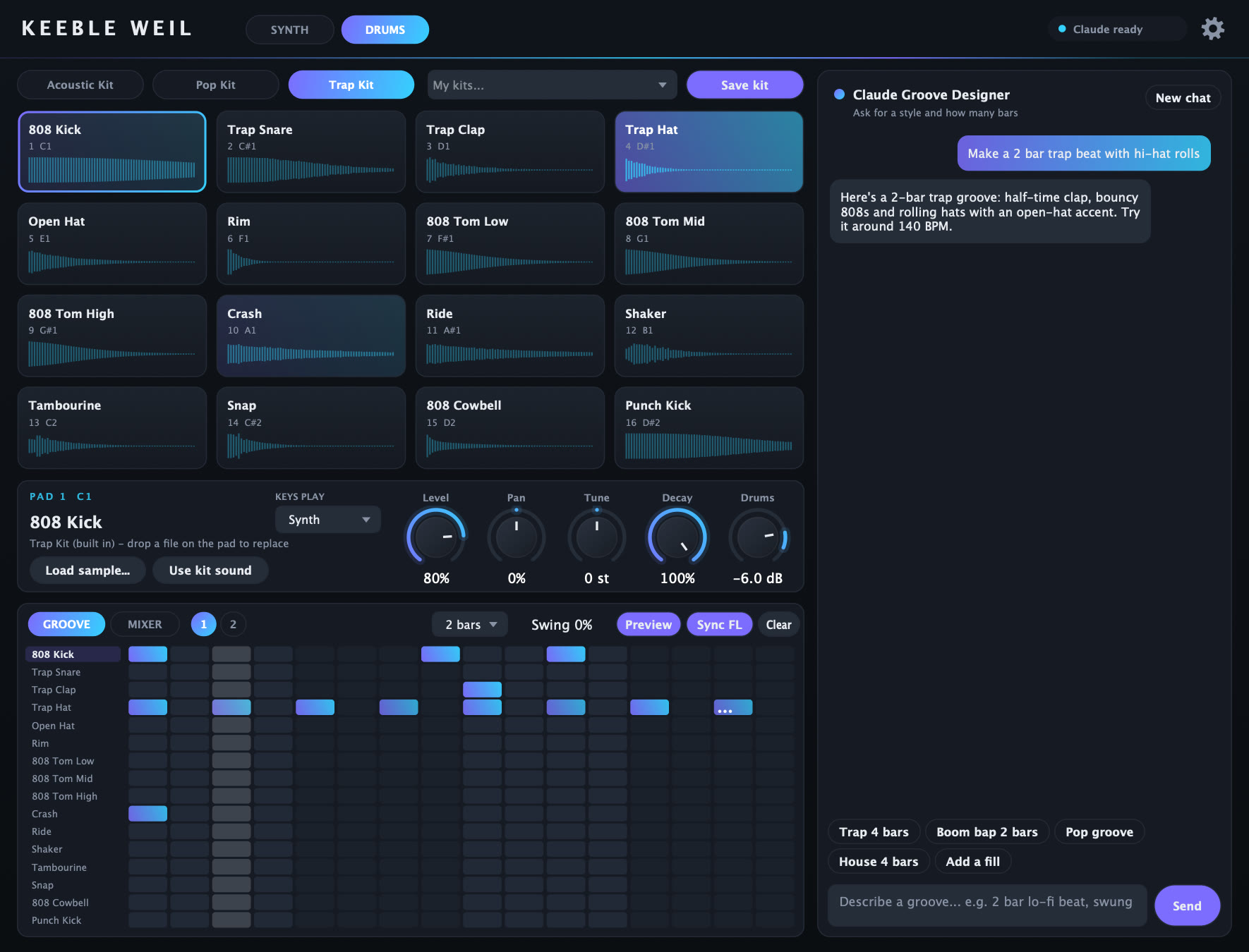 The Keeble Weil drum machine: sixteen pads, a groove grid and the Claude Groove Designer